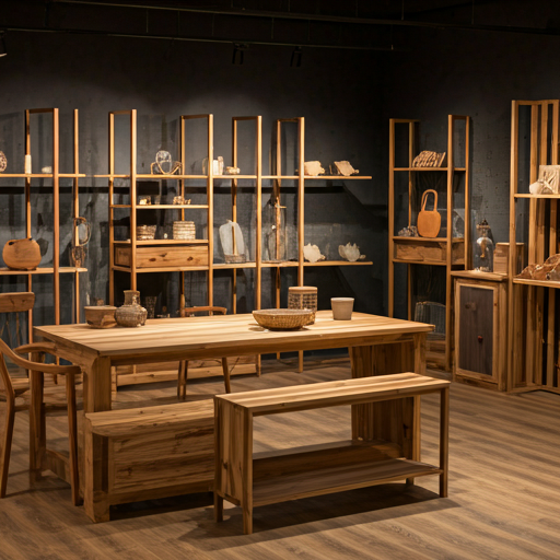 Interior de local comercial con muebles artesanales